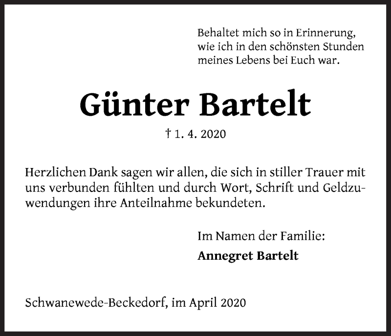 Traueranzeige von Günther Bartelt von Die Norddeutsche