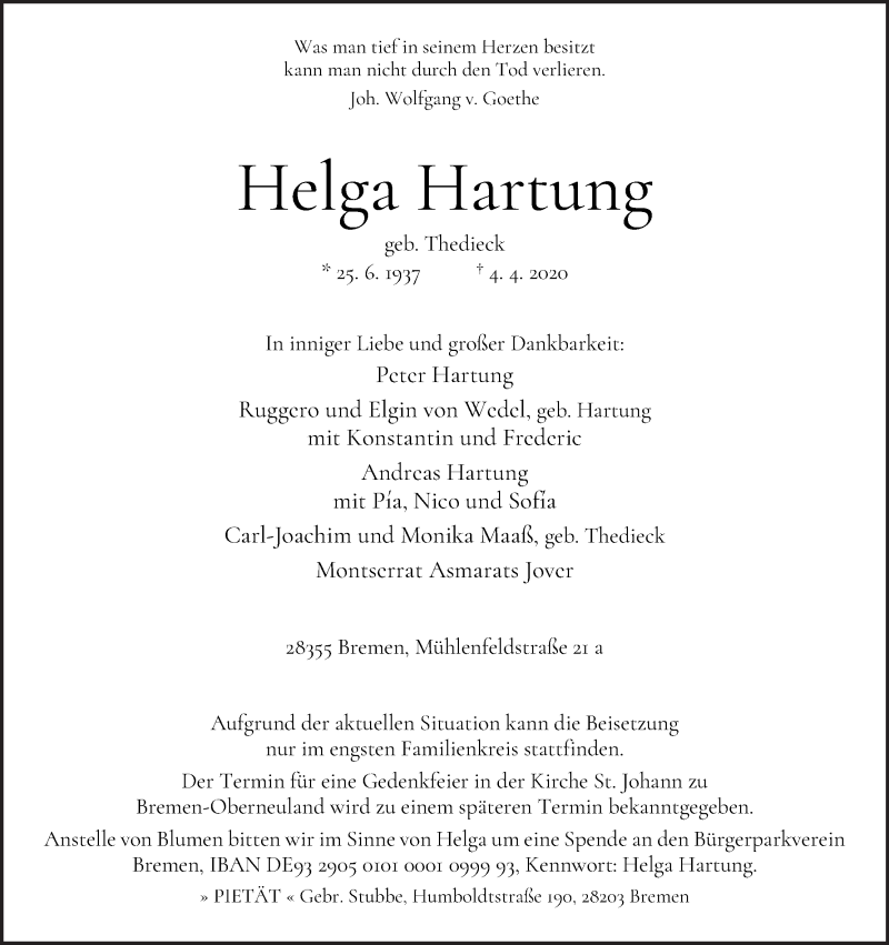 Traueranzeige von Helga Hartung von WESER-KURIER