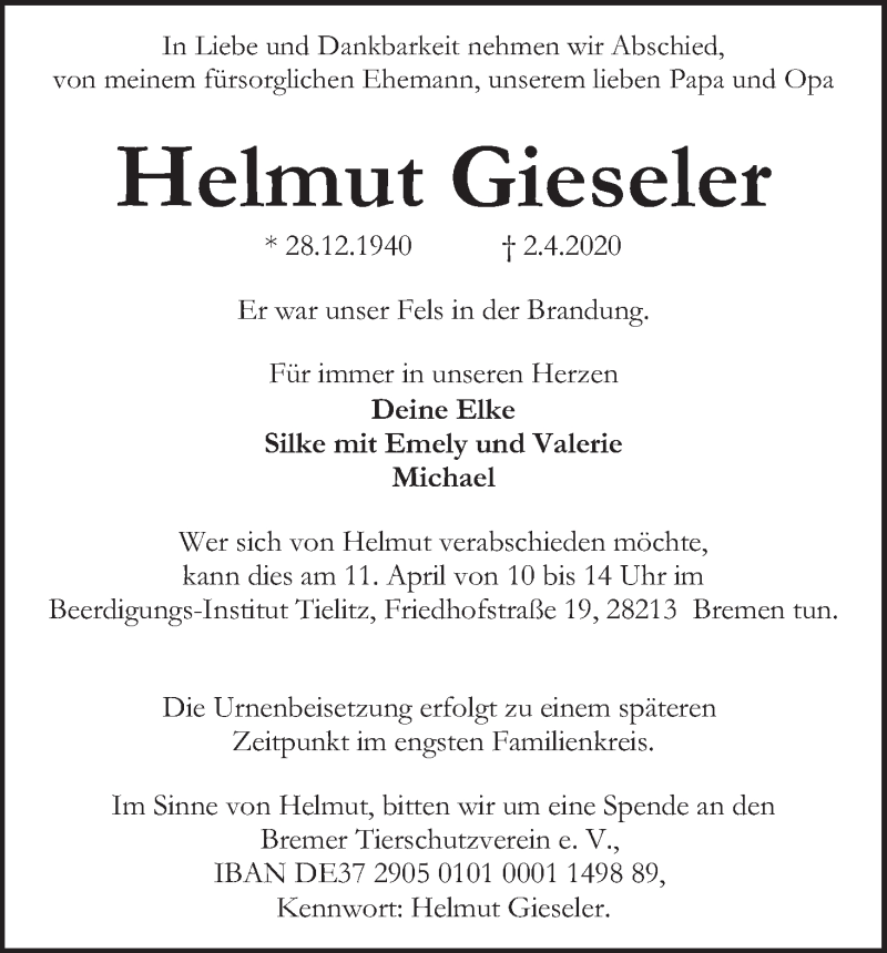 Traueranzeige von Helmut Gieseler von WESER-KURIER