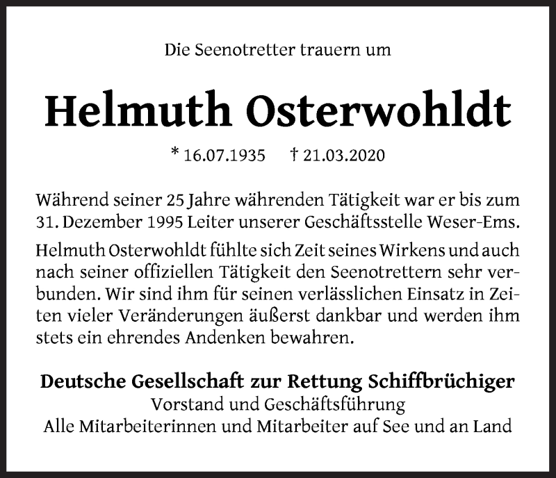 Traueranzeige von Helmuth Osterwohldt von WESER-KURIER
