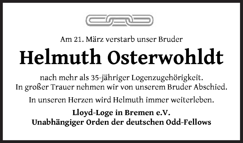 Traueranzeige von Helmuth Osterwohldt von WESER-KURIER