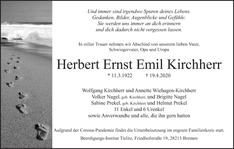 Traueranzeige von Herbert Ernst Emil Kirchherr von WESER-KURIER