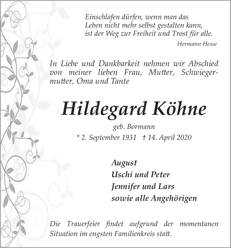 Traueranzeige von Hildegard Köhne von WESER-KURIER