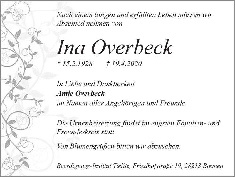 Traueranzeige von Ina Overbeck von WESER-KURIER