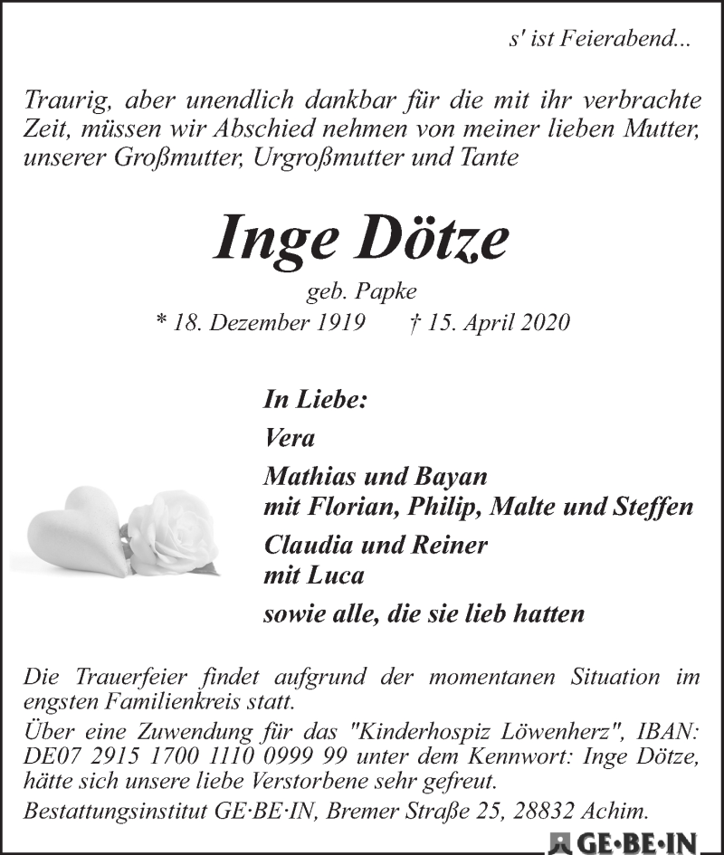 Traueranzeige von Inge Dötze von WESER-KURIER