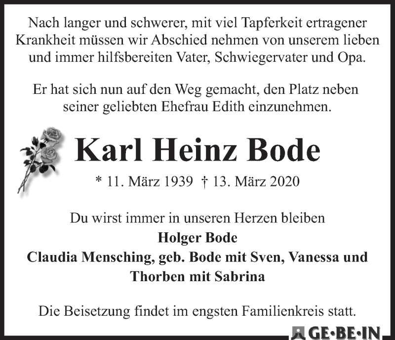 Traueranzeige von Karl Heinz Bode von WESER-KURIER