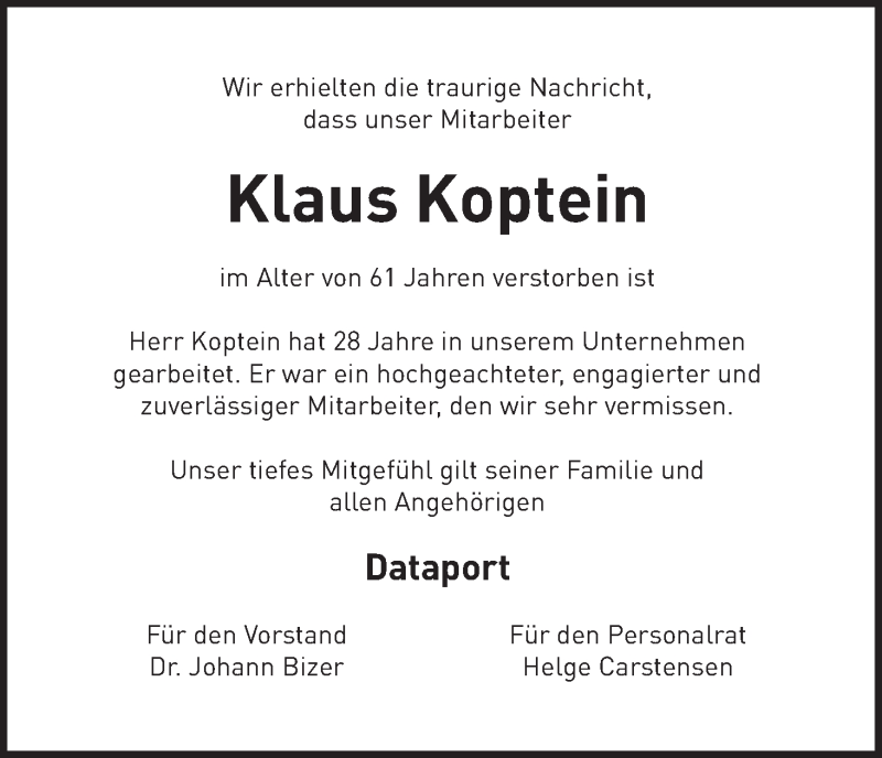 Traueranzeige von Klaus Koptein von WESER-KURIER