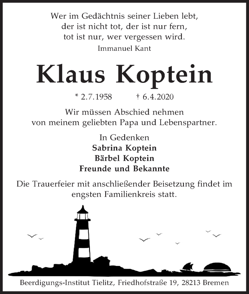 Traueranzeige von Klaus Koptein von WESER-KURIER
