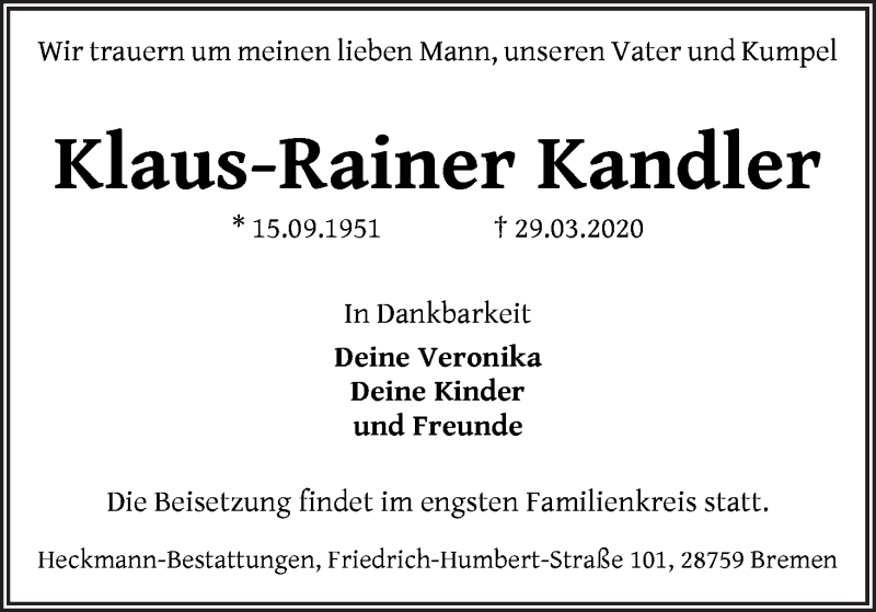 Traueranzeige von Klaus-Rainer Kandler von Die Norddeutsche
