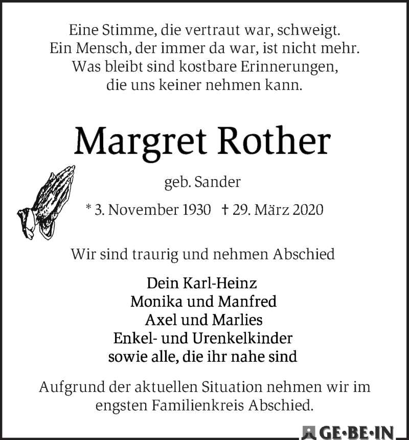 Traueranzeige von Margret Rother von WESER-KURIER