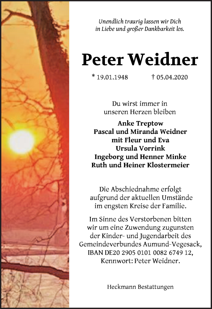 Traueranzeige von Peter Weidner von Die Norddeutsche