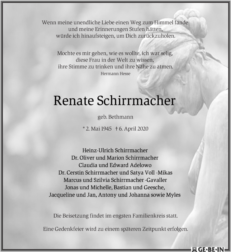 Traueranzeige von Renate Schirrmacher von WESER-KURIER