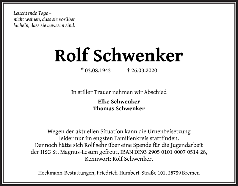 Traueranzeige von Rolf Schwenker von Die Norddeutsche