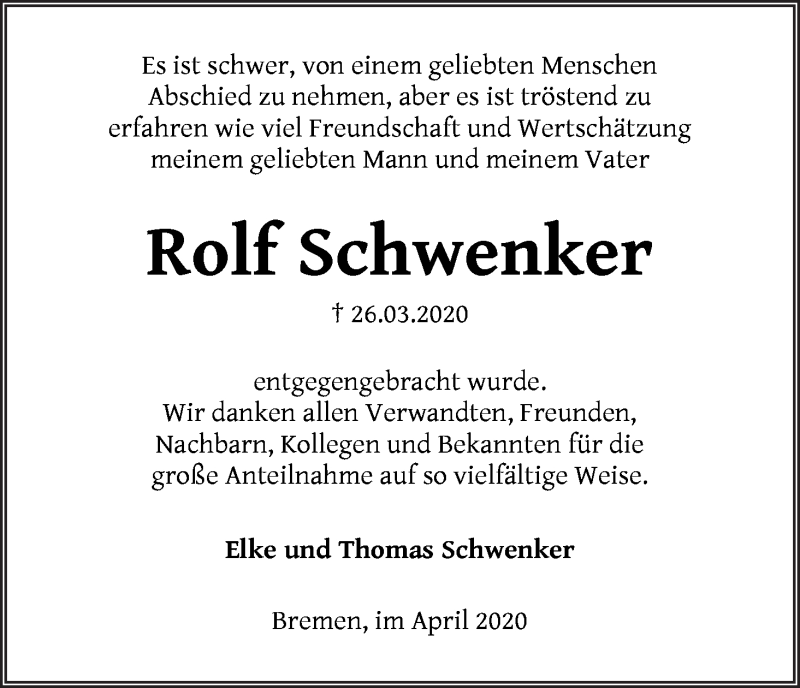 Traueranzeige von Rolf Schwenker von Die Norddeutsche