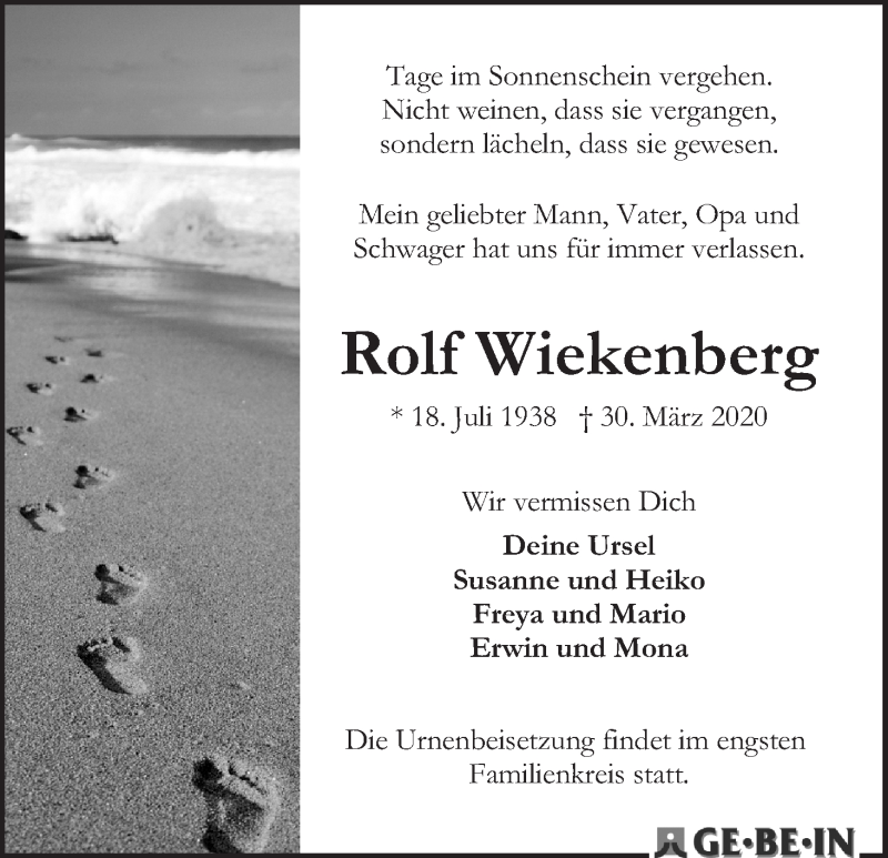Traueranzeige von Rolf Wiekenberg von WESER-KURIER