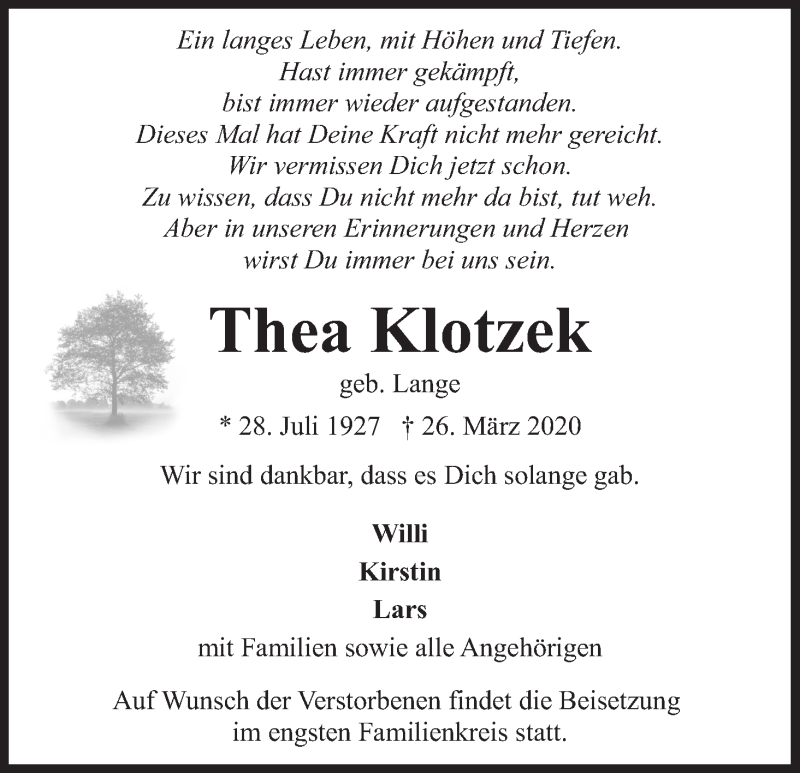 Traueranzeige von Thea Klotzek von WESER-KURIER