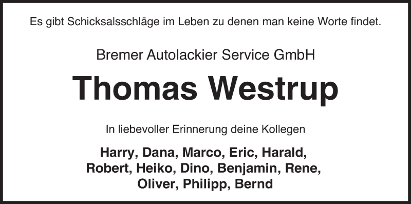 Traueranzeige von Thomas Westrup von WESER-KURIER