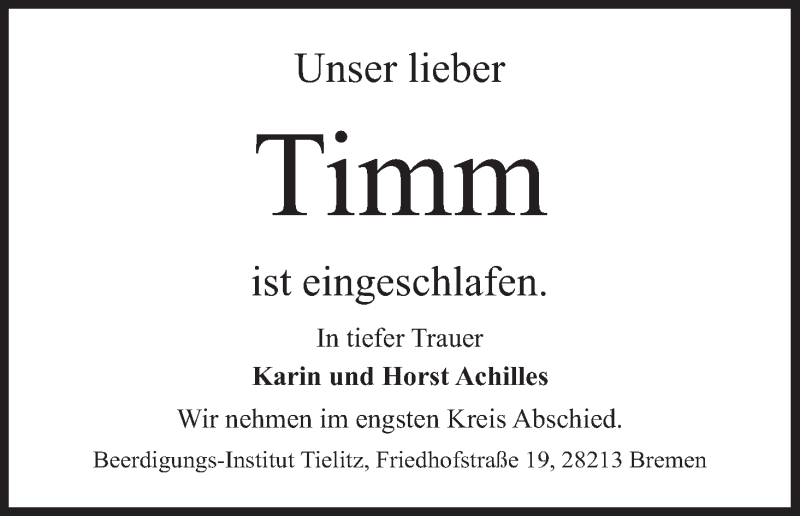 Traueranzeige von Tim Achilles von WESER-KURIER
