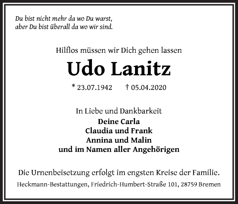Traueranzeige von Udo Lanitz von WESER-KURIER