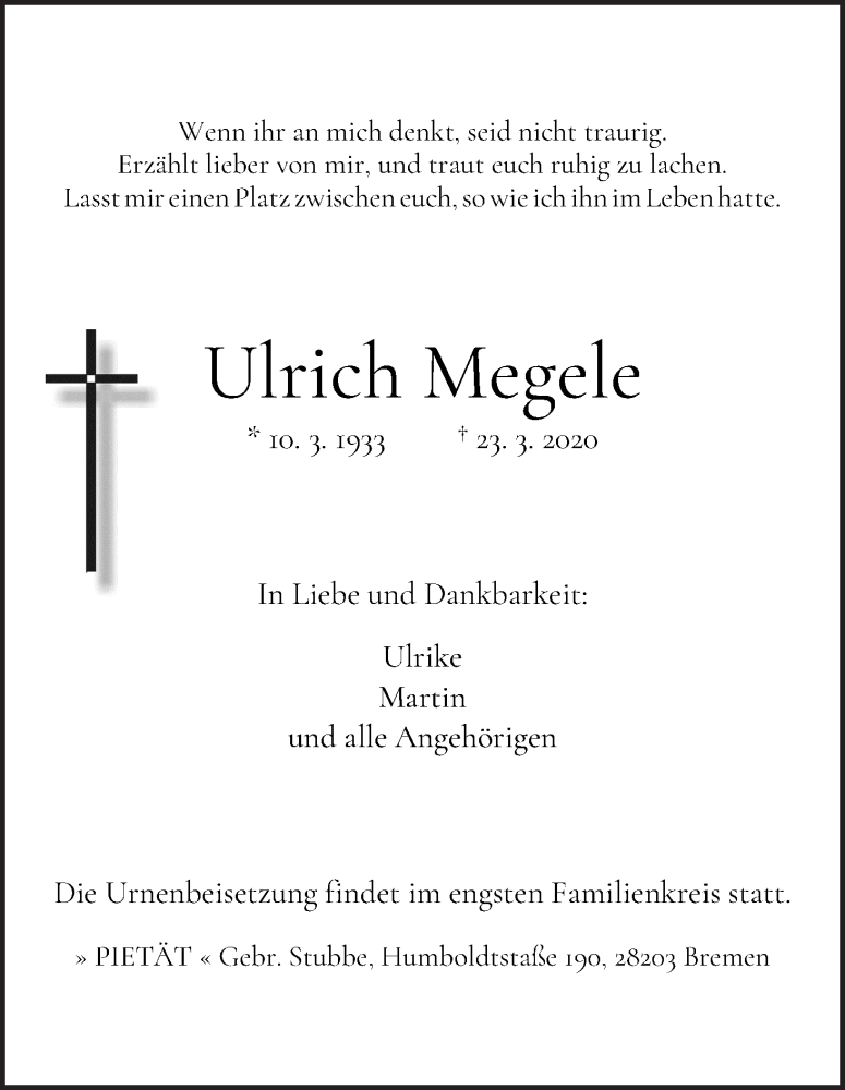 Traueranzeige von Ulrich Megele von WESER-KURIER