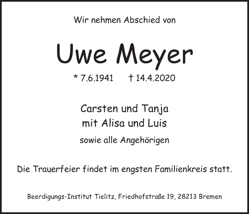 Traueranzeige von Uwe Meyer von WESER-KURIER