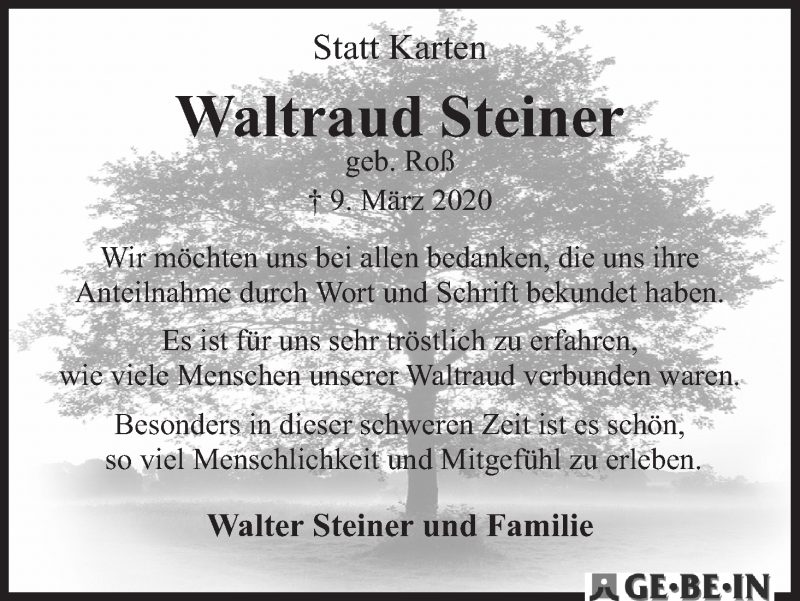Traueranzeige von Waltraud Steiner von WESER-KURIER