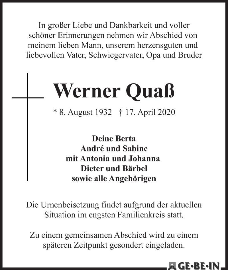 Traueranzeige von Werner Quaß von WESER-KURIER