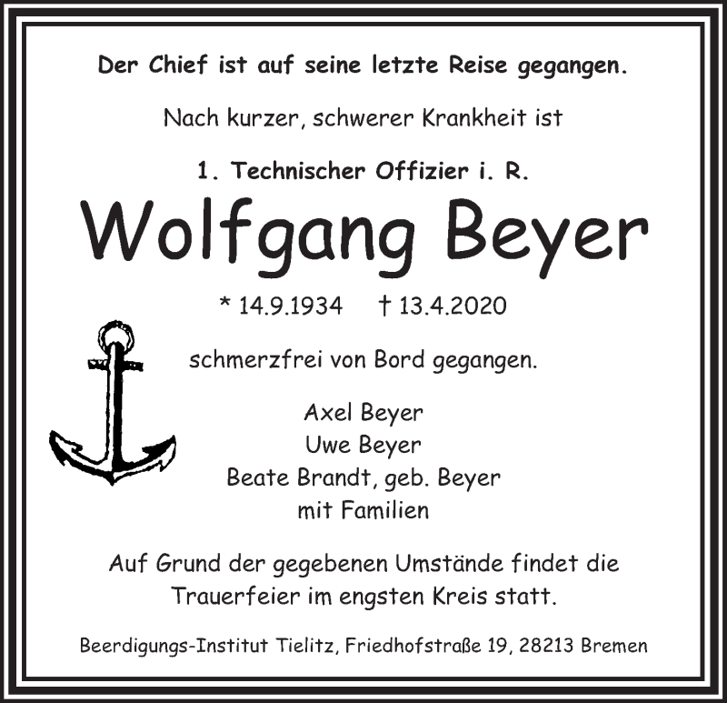 Traueranzeige von Wolfgang Beyer von WESER-KURIER