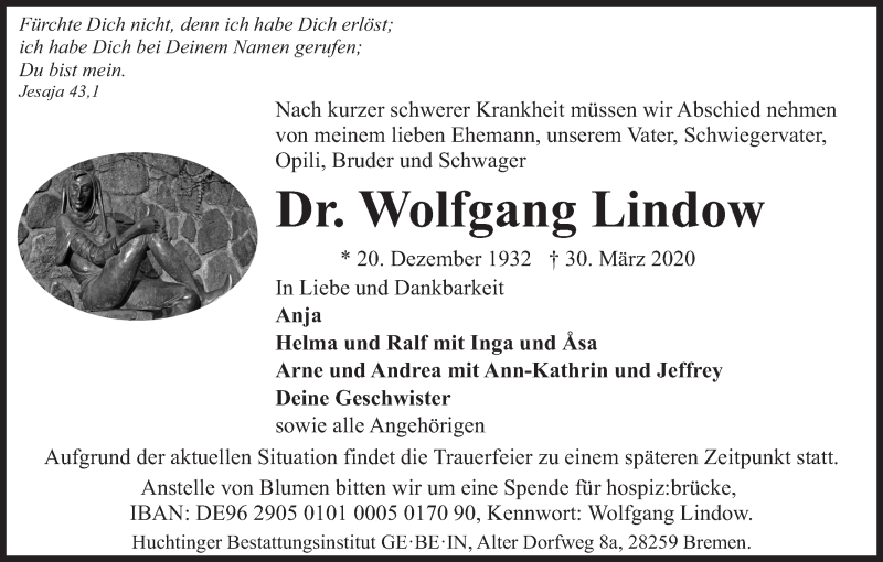 Traueranzeige von Wolfgang Lindow von WESER-KURIER