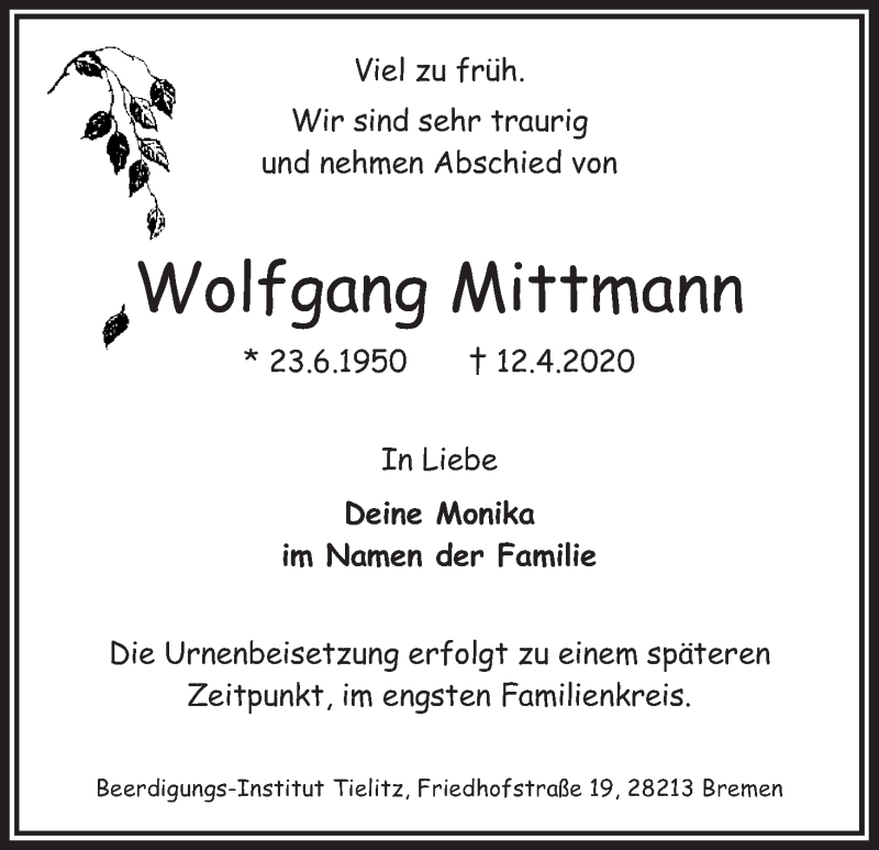 Traueranzeige von Wolfgang Mittmann von WESER-KURIER