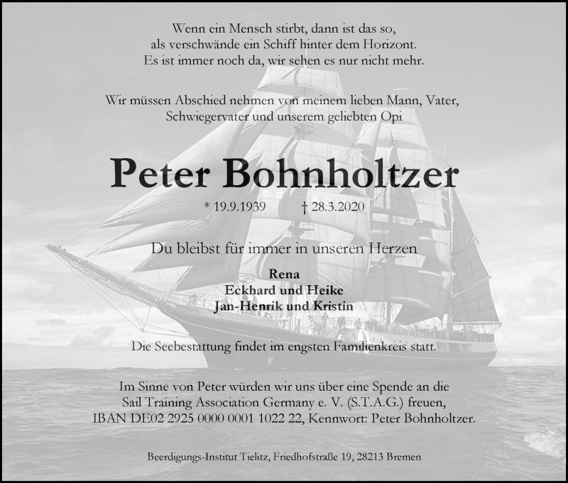 Traueranzeige von Peter Bohnholtzer von WESER-KURIER