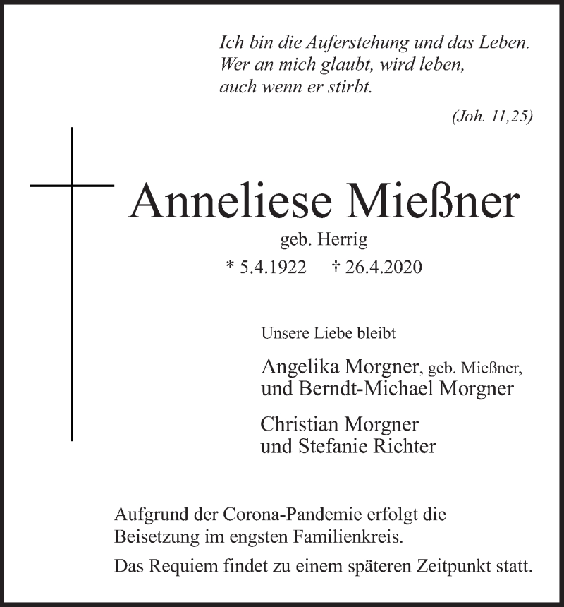 Traueranzeige von Anneliese Mießner von WESER-KURIER
