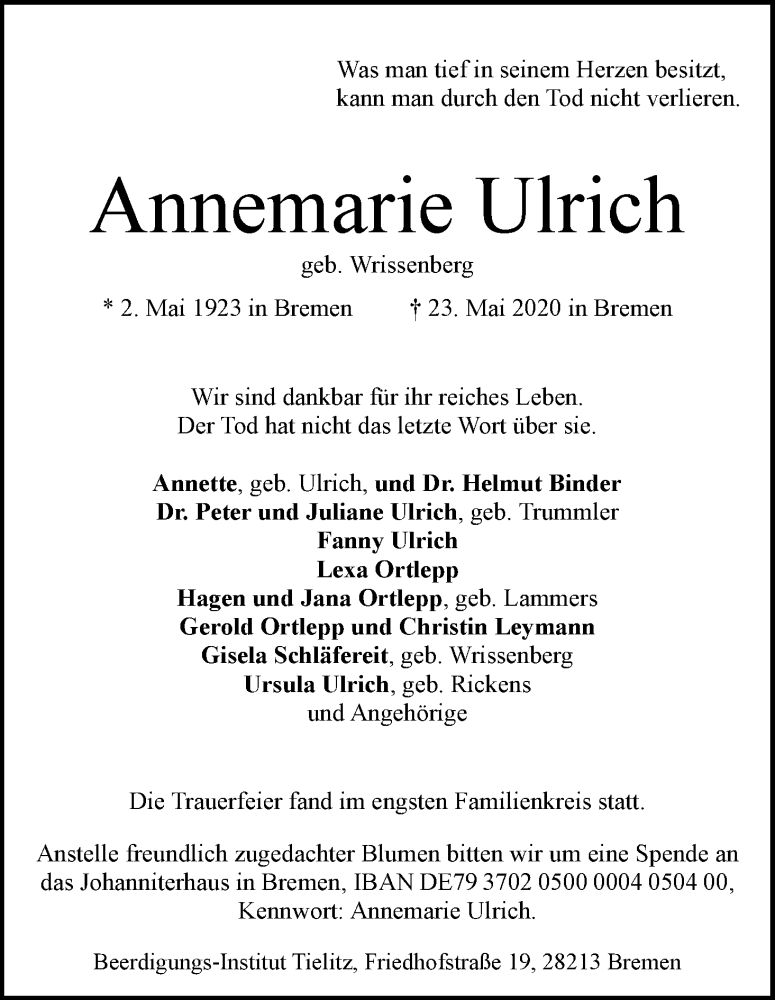 Traueranzeige von Annemarie Ulrich von WESER-KURIER