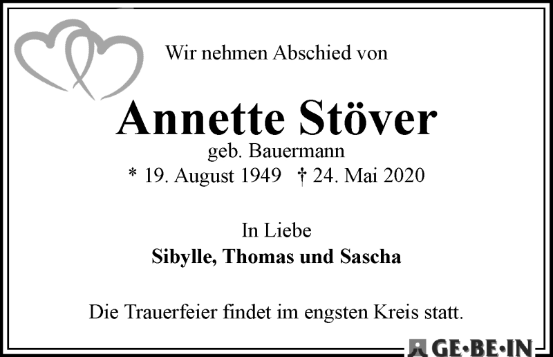 Traueranzeige von Annette Stöver von WESER-KURIER