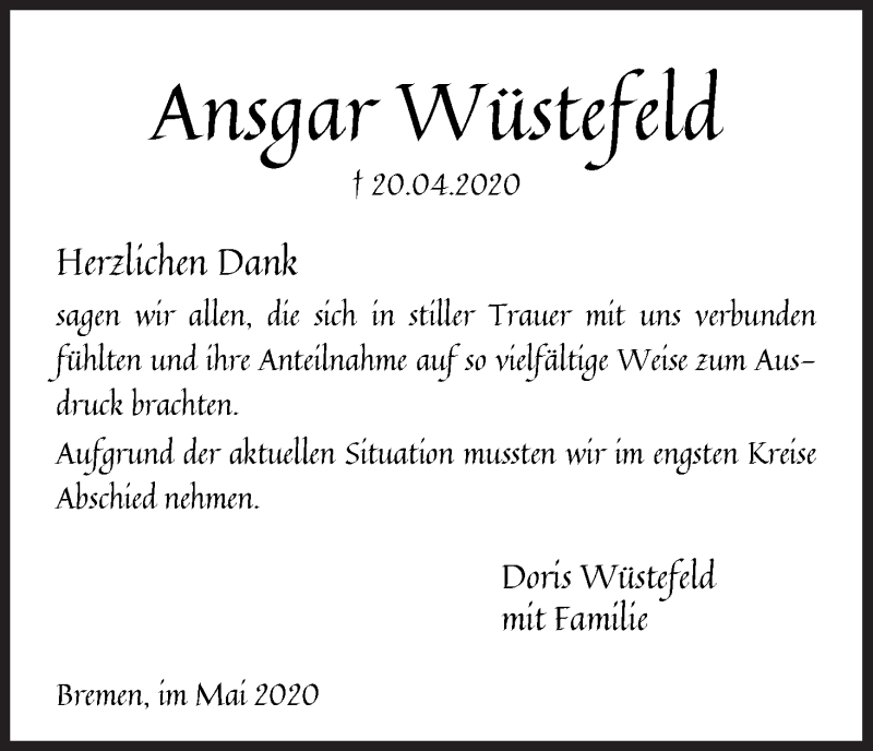 Traueranzeige von Ansgar Wüstefeld von Die Norddeutsche