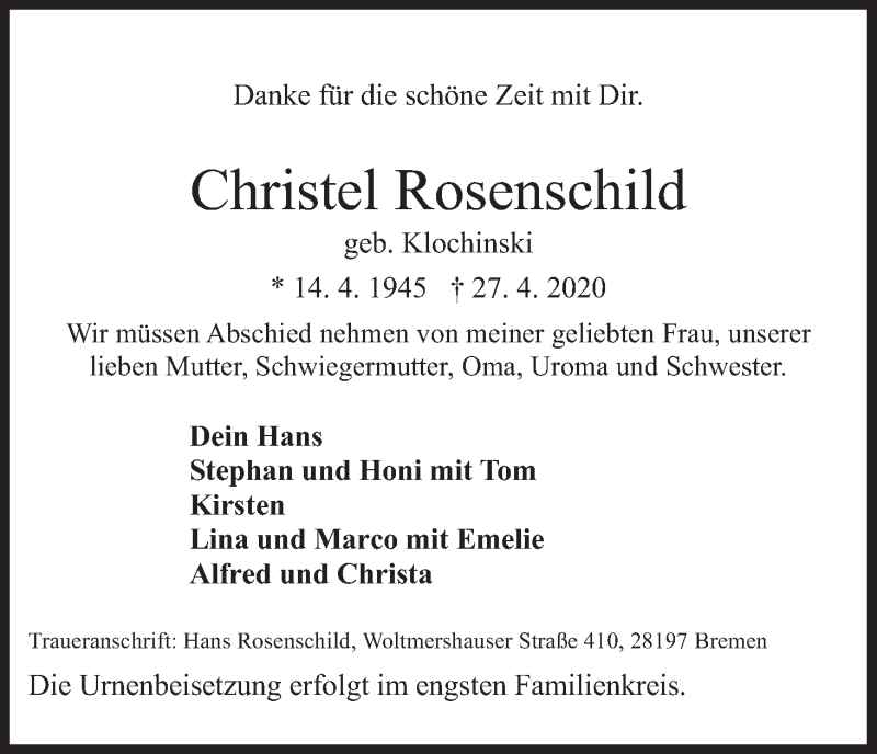 Traueranzeige von Christel Rosenschild von WESER-KURIER