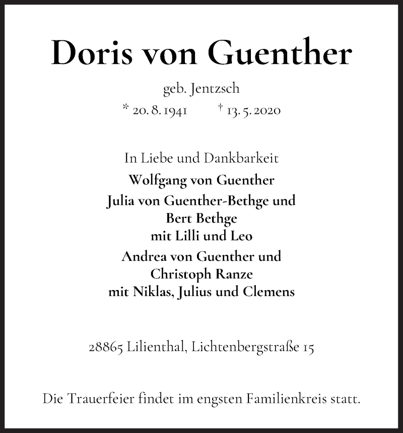 Traueranzeige von Doris von Guenther von Wuemme Zeitung
