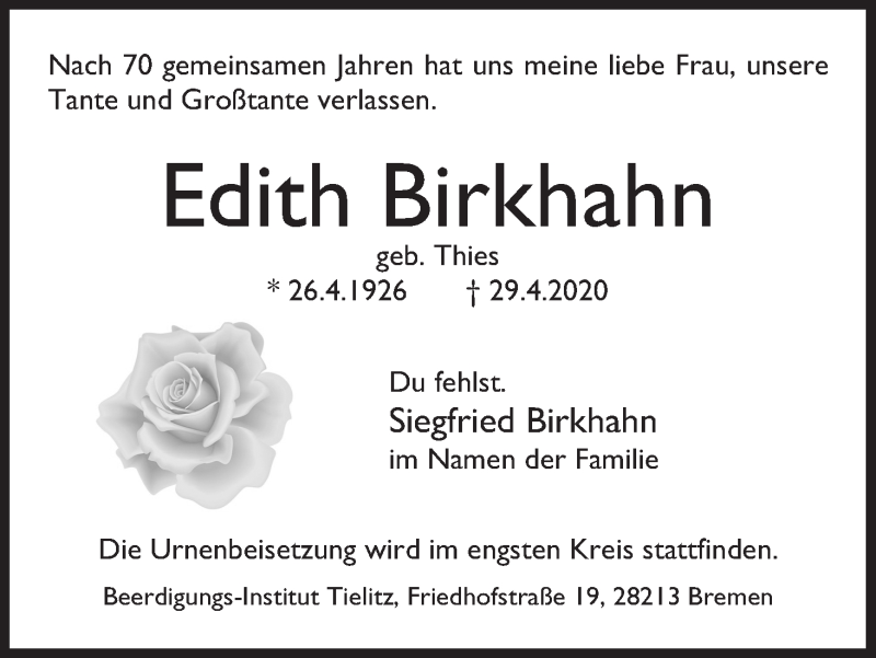 Traueranzeige von Edith Birkhahn von WESER-KURIER