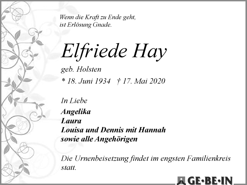 Traueranzeige von Elfriede Hay von WESER-KURIER
