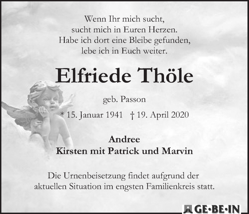 Traueranzeige von Elfriede Thöle von WESER-KURIER