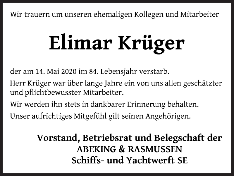 Traueranzeige von Elimar Krüger von Die Norddeutsche