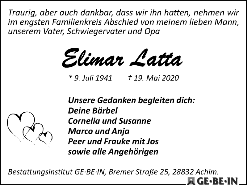 Traueranzeige von Elimar Latta von WESER-KURIER