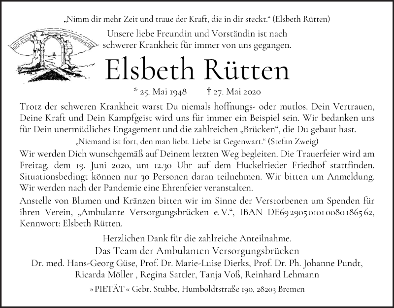 Traueranzeige von Elsbeth Rütten von WESER-KURIER
