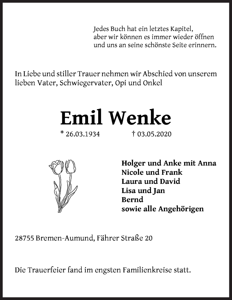 Traueranzeige von Emil Wenke von Die Norddeutsche