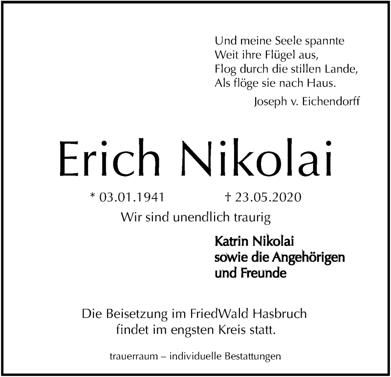 Traueranzeige von Erich Nikolai von WESER-KURIER