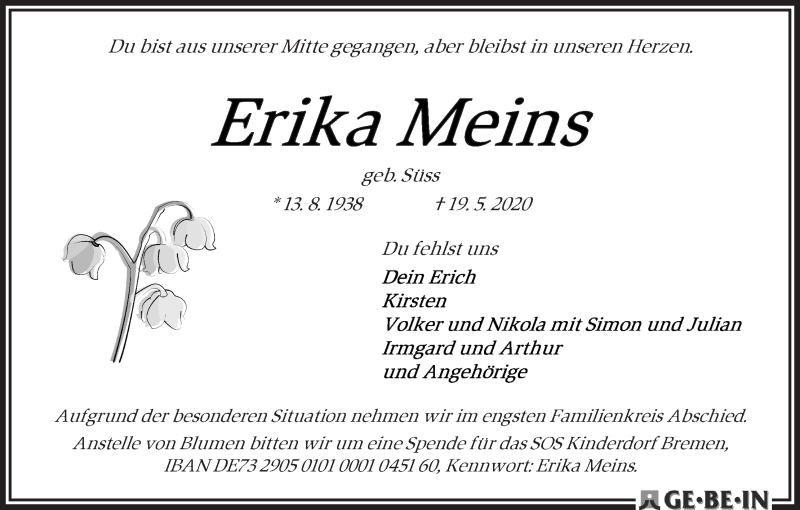 Traueranzeige von Erika Meins von WESER-KURIER