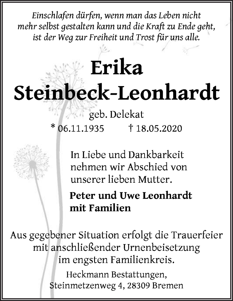 Traueranzeige von Erika Steinbeck-Leonhardt von WESER-KURIER