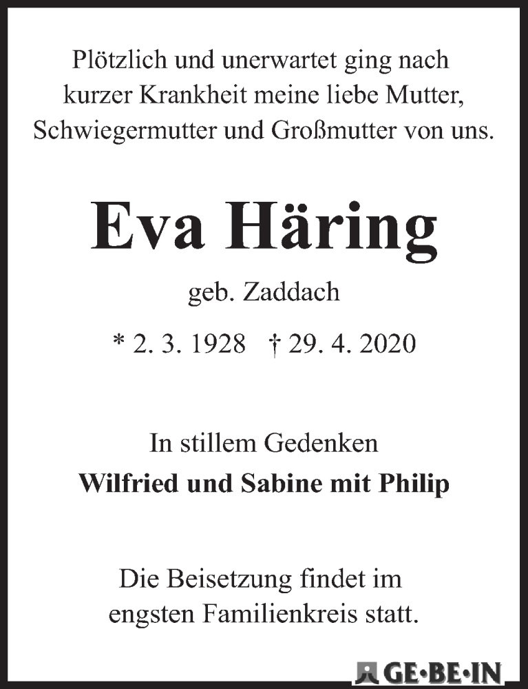 Traueranzeige von Eva Häring von WESER-KURIER