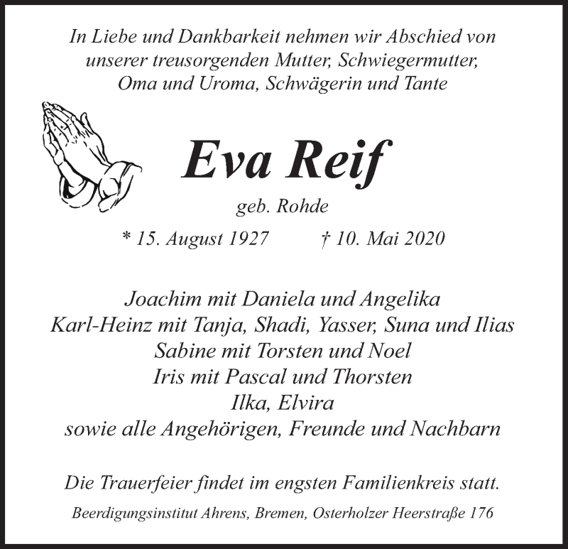 Traueranzeige von Eva Reif von WESER-KURIER