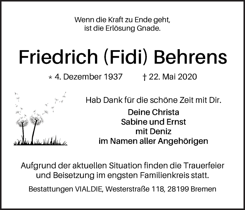 Traueranzeige von Friedrich (Fidi) Behrends von WESER-KURIER